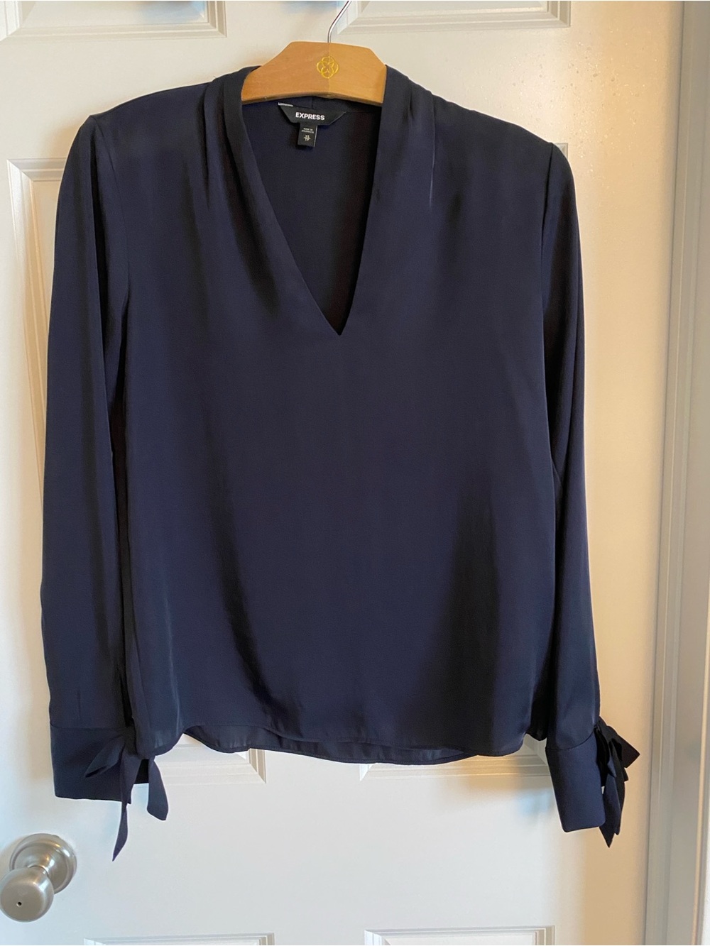 Express Navy V-Neck Long-Sleeve Blouse with Tie Cuffs